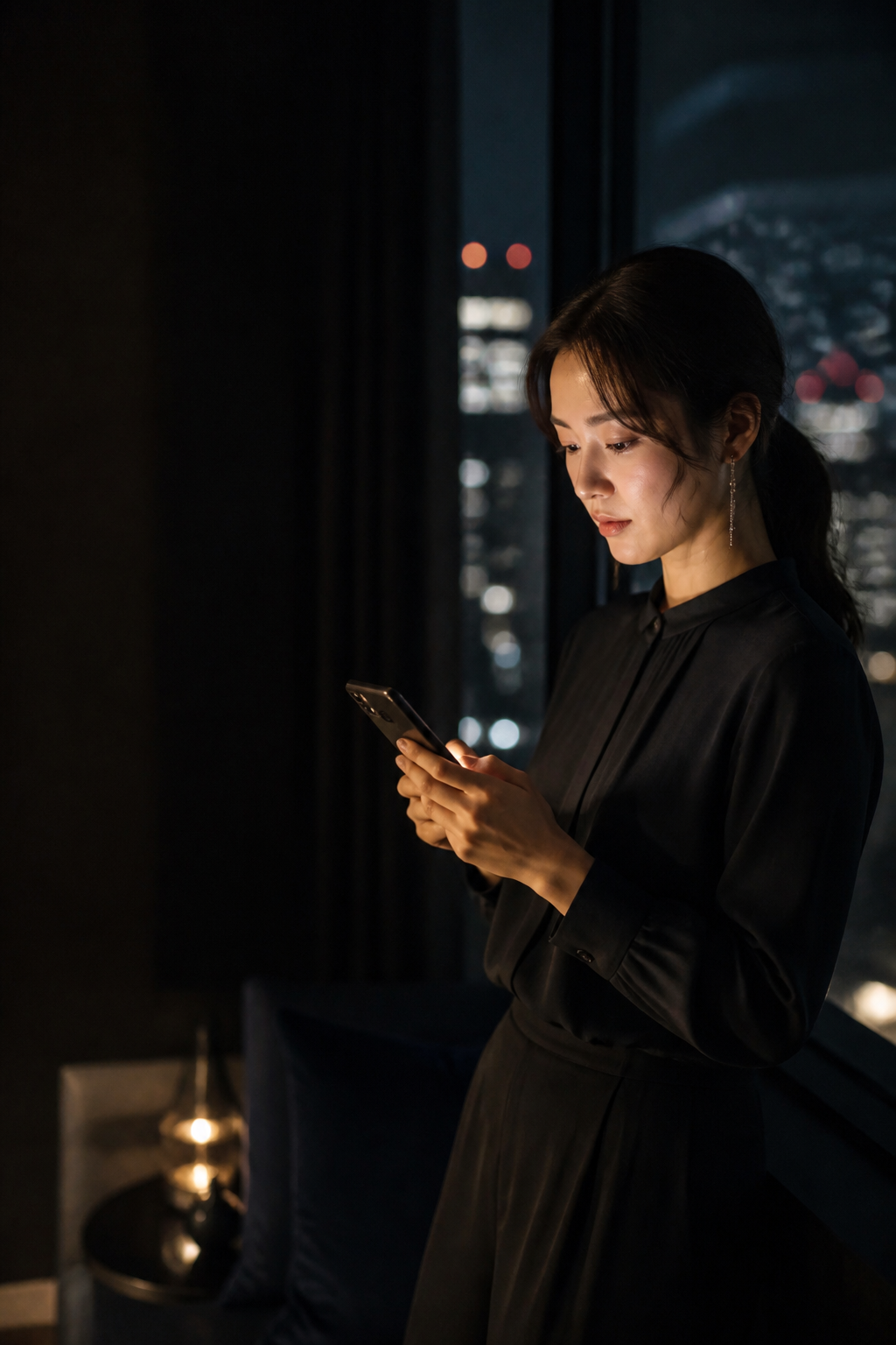 夜景のそばでスマートフォンを見る女性